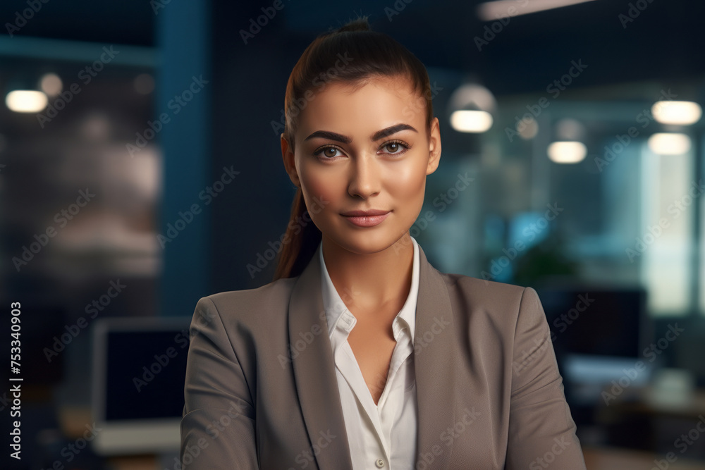 Portrait of beautiful confident smart businesswoman in suit in office Portrait of beautiful confident smart businesswoman in suit in office