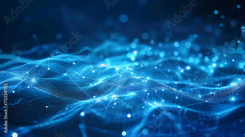 Abstract blue tech background with digital waves, network system with artificial neural connections and cyber quantum computing