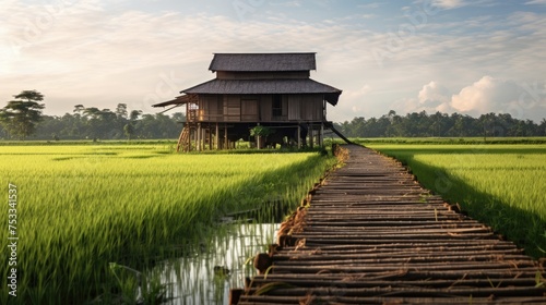 Rice fields in the countryside at sunset with wooden houses