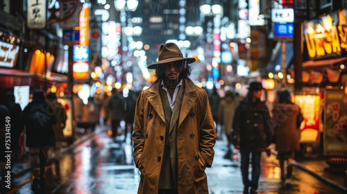 Mysterious Figure in Trench Coat on Rainy Night in Neon-Lit City