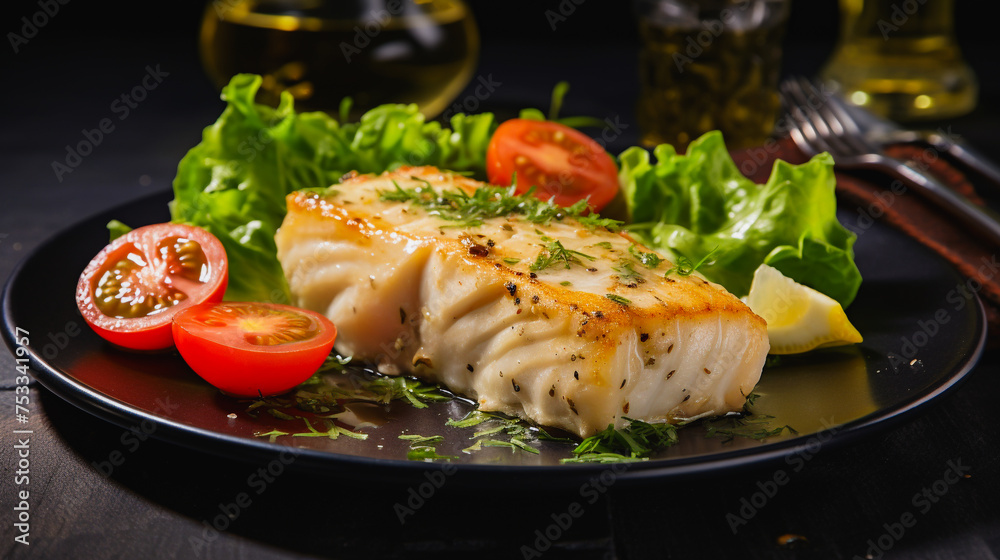 Grilled white fish fillet served with fresh lettuce and tomato on a dark plate. Grilled white fish fillet served with fresh lettuce and tomato on a dark plate.