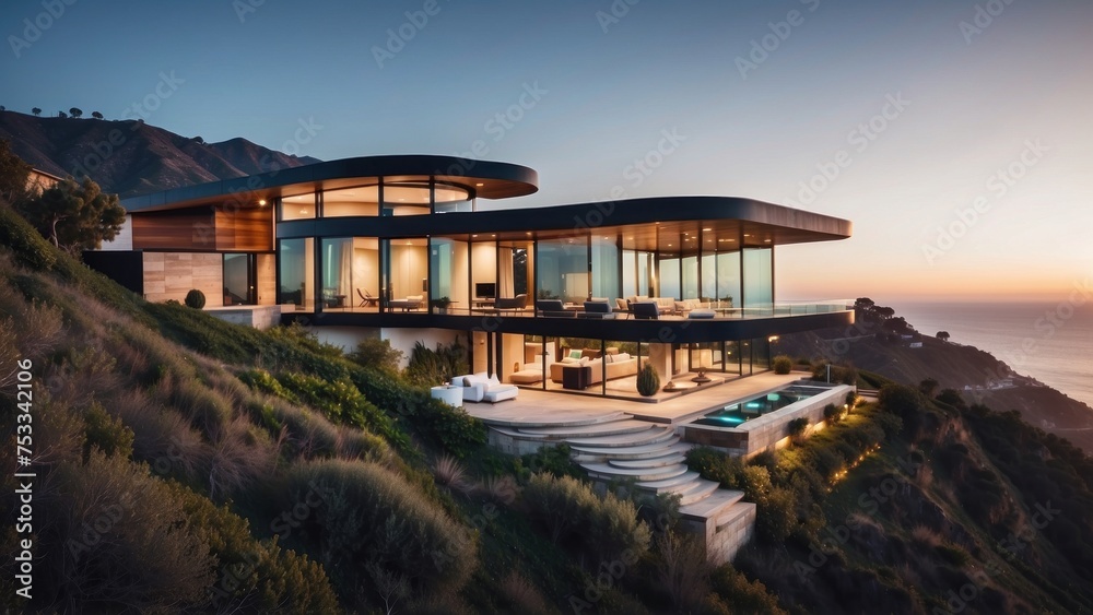 Fototapeta premium Stunning modern villa nestled in the hills of Malibu, California, offering breathtaking views of the Pacific Ocean