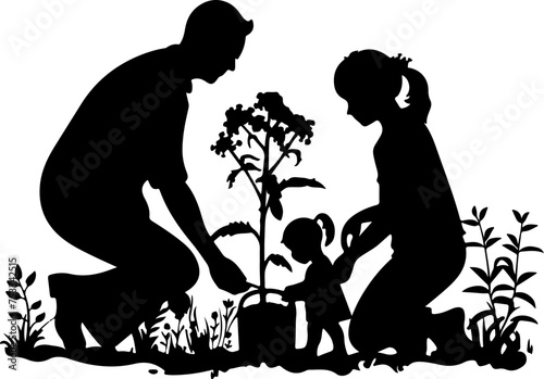 Family Planting Activity: Silhouette of Family Members Engaging in Gardening, Promoting Togetherness