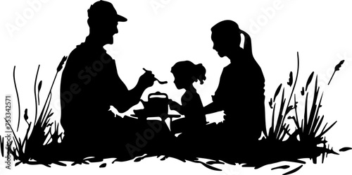 Picnic Under the Tree: Silhouette of a Family Enjoying a Meal Outdoors, Embracing Leisure and Family Time