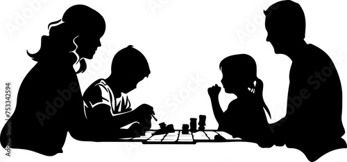 Strategic Bonding: Silhouette of a Family Playing a Board Game, Promoting Interaction and Cognitive Skills