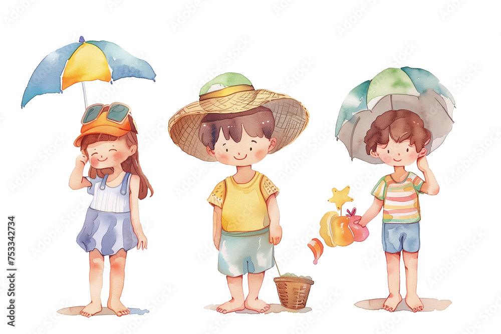Three Children in Summer. Kids with umbrellas and summer hats. Three Children in Summer. Kids with umbrellas and summer hats.