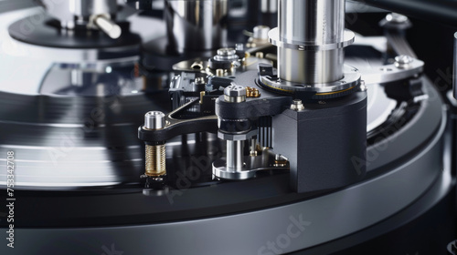 The intricate inner workings of a turntable including a delicately balanced tonearm and a smooth spinning vinyl record. photo