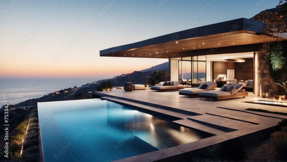 Fototapeta premium Stunning modern villa nestled in the hills of Malibu, California, offering breathtaking views of the Pacific Ocean