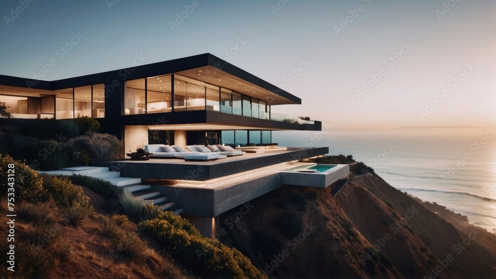 Fototapeta premium Stunning modern villa nestled in the hills of Malibu, California, offering breathtaking views of the Pacific Ocean