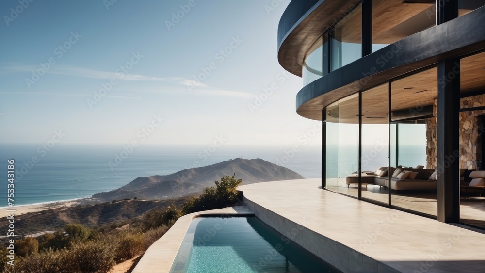 Fototapeta premium Stunning modern villa nestled in the hills of Malibu, California, offering breathtaking views of the Pacific Ocean