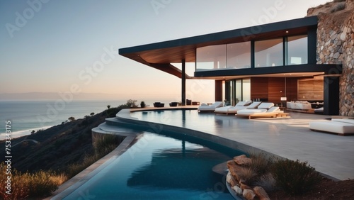 Stunning modern villa nestled in the hills of Malibu  California  offering breathtaking views of the Pacific Ocean
