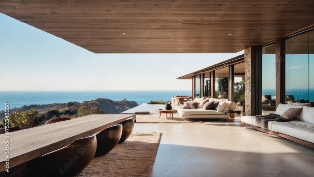 Fototapeta premium Stunning modern villa nestled in the hills of Malibu, California, offering breathtaking views of the Pacific Ocean