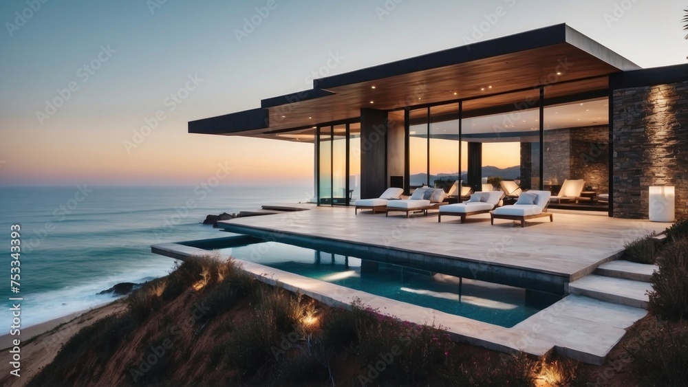 Obraz premium Stunning modern villa nestled in the hills of Malibu, California, offering breathtaking views of the Pacific Ocean