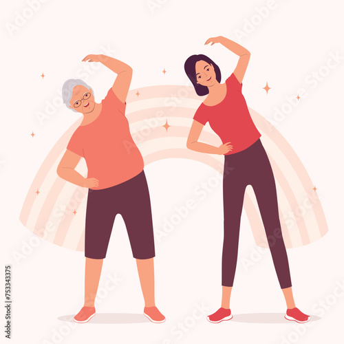 Smiling Elderly Mother And Adult Daughter Doing Warm-Up And Body Stretching Exercises. Full Length.
