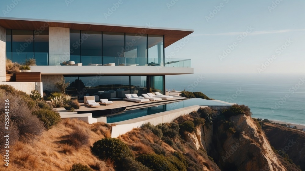 Stunning modern villa nestled in the hills of Malibu, California, offering breathtaking views of the Pacific Ocean