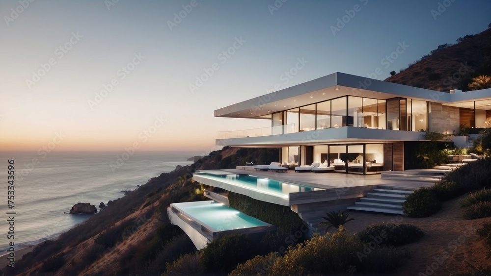 Fototapeta premium Stunning modern villa nestled in the hills of Malibu, California, offering breathtaking views of the Pacific Ocean