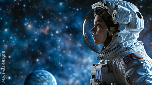 A focused female astronaut contemplates the vastness of the cosmos, encapsulated in her space suit against a starry backdrop.
