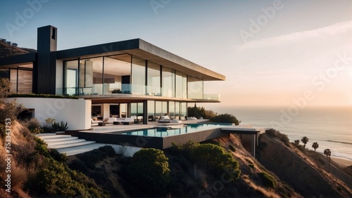 Stunning modern villa nestled in the hills of Malibu, California, offering breathtaking views of the Pacific Ocean photo