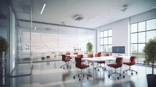 Modern office interior with white walls  white floor and rows of white computer tables.