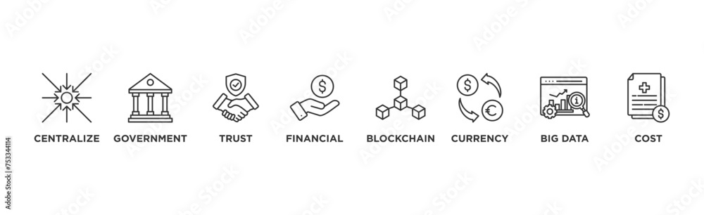 CBDC banner web icon illustration concept of central bank digital currency with icons of centralize, government, trust, financial, blockchain, currency, big data and cost CBDC banner web icon illustration concept of central bank digital currency with icons of centralize, government, trust, financial, blockchain, currency, big data and cost