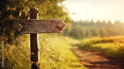 An empty wooden signpost bathed in the warm golden light of sunrise, at the start of a peaceful country trail.
 photo