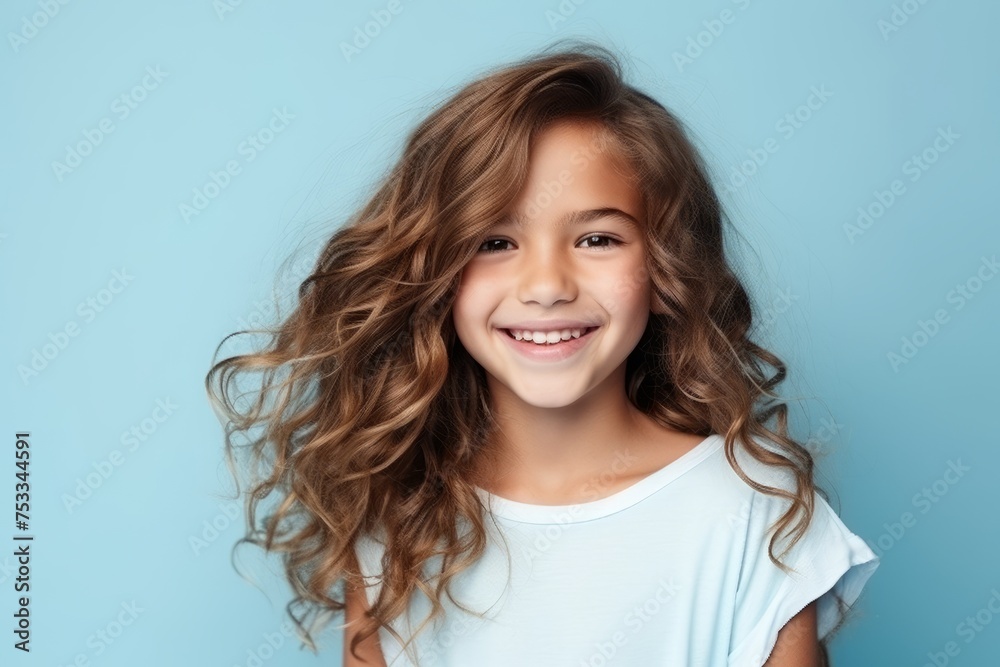 Portrait of a cute smiling little girl with long curly hair over blue background Portrait of a cute smiling little girl with long curly hair over blue background