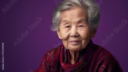 A portrait of an elderly Chinese woman with grey hair wearing a red traditional shirt. Banner, copy space. Purple background. photo