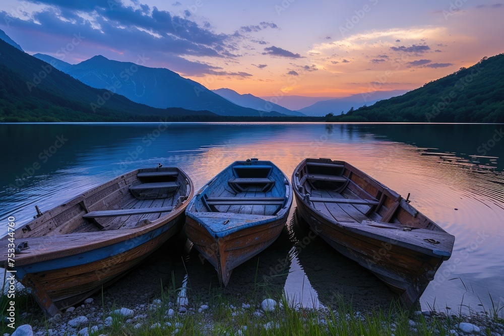 Boat on the shore of a mountain lake at sunset in summer