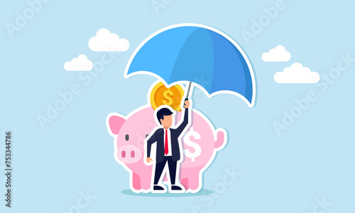 Insurance and finance safeguard savings during economic crises, ensuring safety weather portfolios concept, confidence businessman investor with his piggy bank safety money covered by big umbrella.