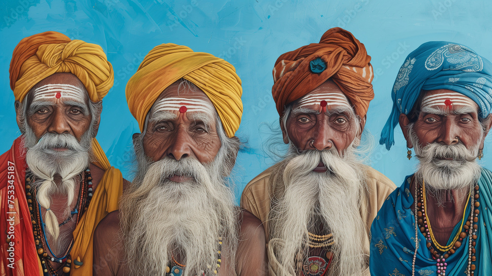 A portrait of a group of elderly Hindu men wearing white beards and orange turbans