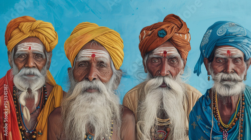 A portrait of a group of elderly Hindu men wearing white beards and orange turbans photo