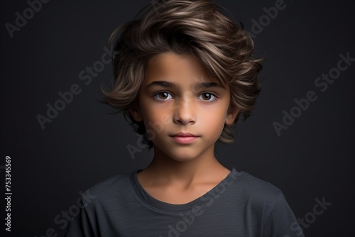 Portrait of a cute little boy with curly hair on dark background