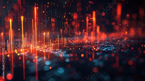 A dynamic representation of stock market data with glowing red graphs and charts against a dark, futuristic background.