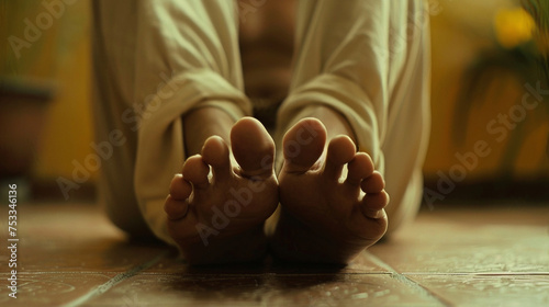 A persons feet are shown in a focused shot with ankles crossed and toes pointed upwards in a seated yoga pose. The image highlights the connection between the mind and body photo