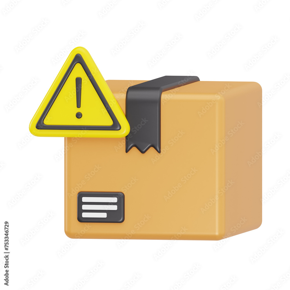 3d package warning, 3d render icon illustration, transparent background, logistic and delivery 3d package warning, 3d render icon illustration, transparent background, logistic and delivery