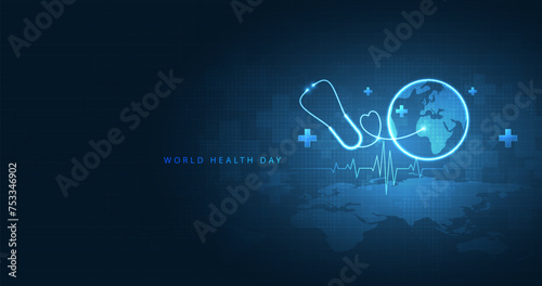 World Health Day is a global health awareness day celebrated every year on 7th April. health care medical science with icon digital technology world concept modern business. vector design
