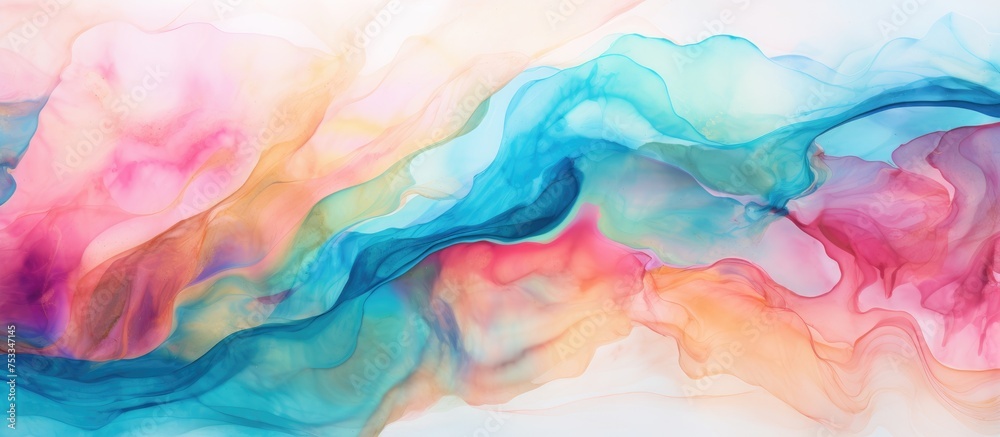 Abstract liquid art with alcohol ink technique creating a delicate bright and dreamy wallpaper Blend of colors forming transparent waves ideal for posters and printed materials