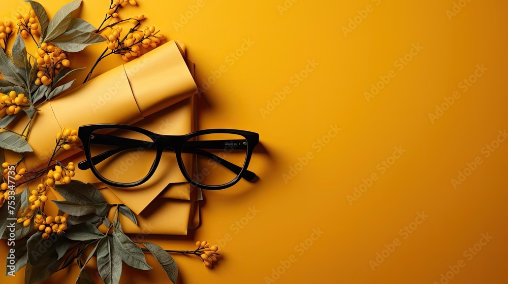 happy graduation background with pile of books and glasses on yellow background