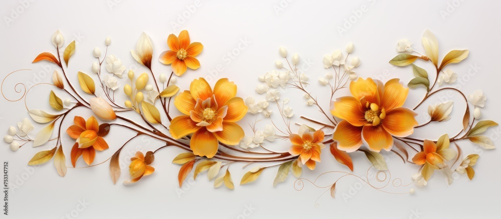 Fototapeta premium Floral design in orange yellow hues on a white backdrop