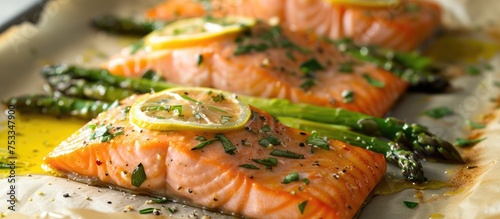 Close-up of aromatic herb and lemon-infused baked salmon and asparagus on parchment paper.