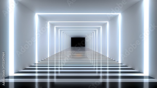 Futuristic Illuminated Corridor Design: Minimalist 3D Render with White Light Lines