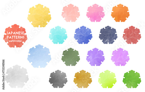 和紙風の和柄パターン、雪輪の素材セット_カラフル
