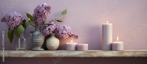 Arrangement of lilac flowers and candle on shelf next to neutral colored wall