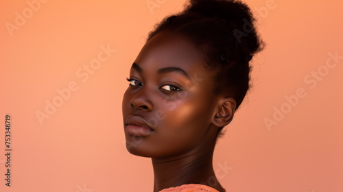 Portrait of a young black african american woman wearing a pink shirt. Peach beige background. Banner  copy space. 