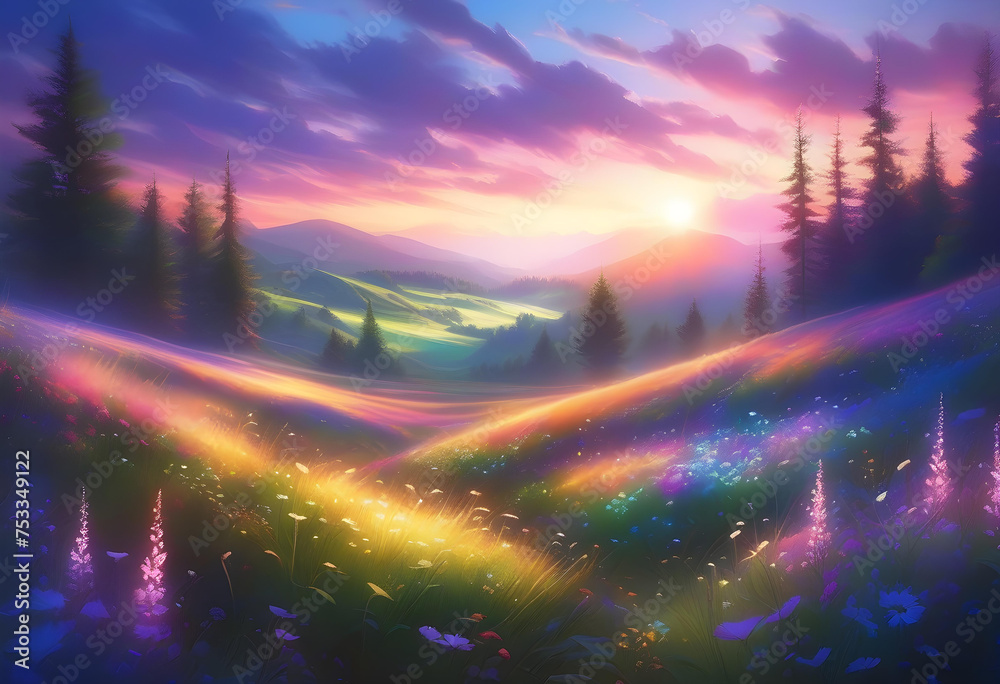 Glowing Meadow, Meadow, Glowing, Illuminated, Radiant, Field, Grassland, Luminous, Magical, Enchanted, Fantasy, Surreal, Dreamlike, Ethereal, Landscape, AI Generated