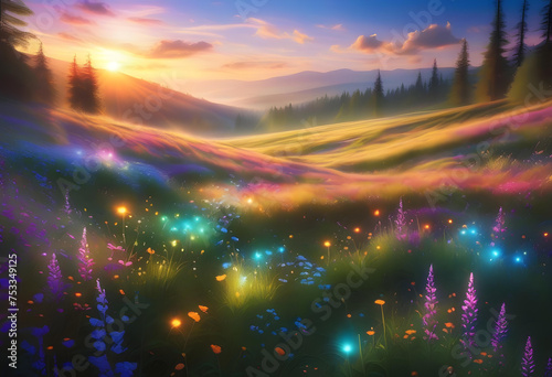 Glowing Meadow  Meadow  Glowing  Illuminated  Radiant  Field  Grassland  Luminous  Magical  Enchanted  Fantasy  Surreal  Dreamlike  Ethereal  Landscape  AI Generated
