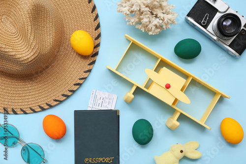 Hat with passport, toy plan...