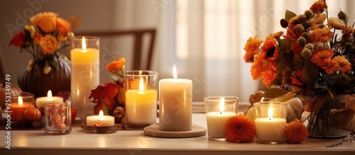 Candles with fall themed decor on table in a room
