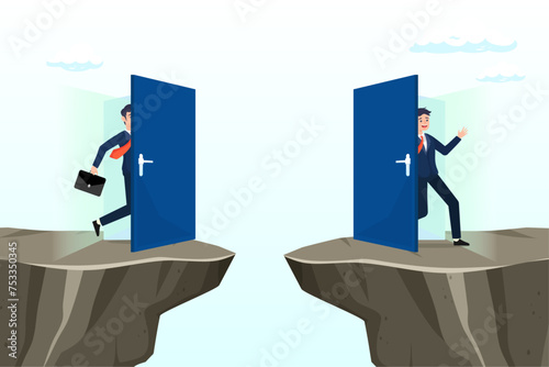 Confidence businessman access shortcut door to cross the gap, shortcut for business success, solution or business opportunity, idea or creativity to solve problem, leadership determination (Vector)