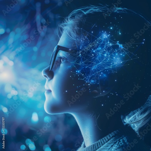 Ethereal neural network concept in blue - A mesmerizing depiction of a neural network with a blurred face overlaid with a vibrant blue interconnected mesh